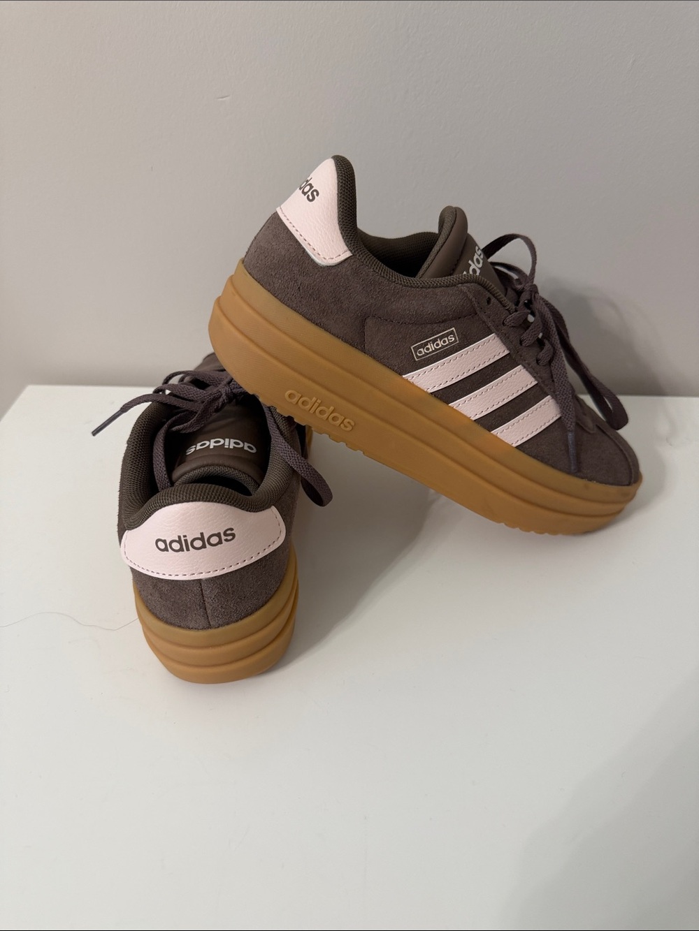 adidas Women’s Brown Suede Platform Sneakers with Pink Stripes and Gum Sole.